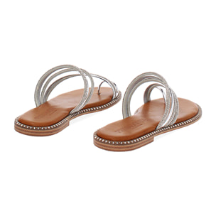 Sandalias bajos mujer plata espejo con piedras