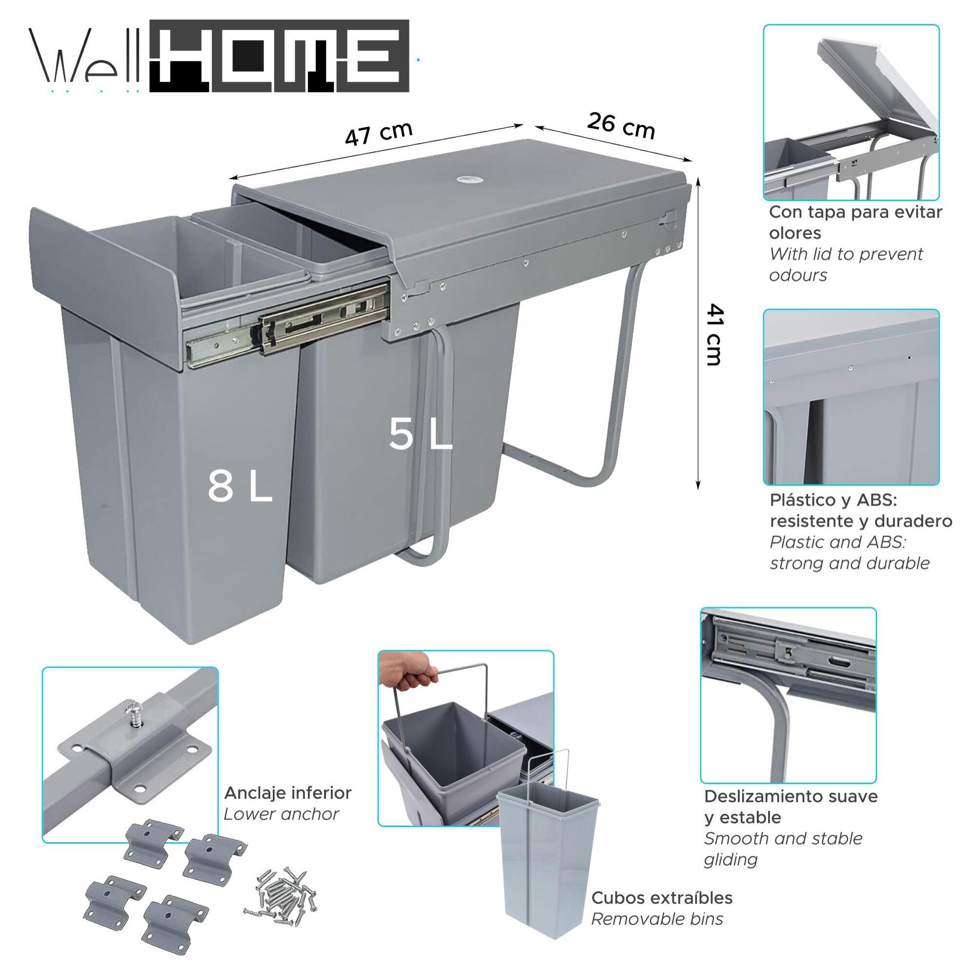 Contenedor de reciclaje para mueble de cocina, cubos de basura bajo fregadero, fijación inferior y extracción manual, cubos extraíbles, con tapa