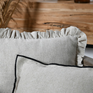 Coussin  poly-lin volant plat feston noir - Naturel