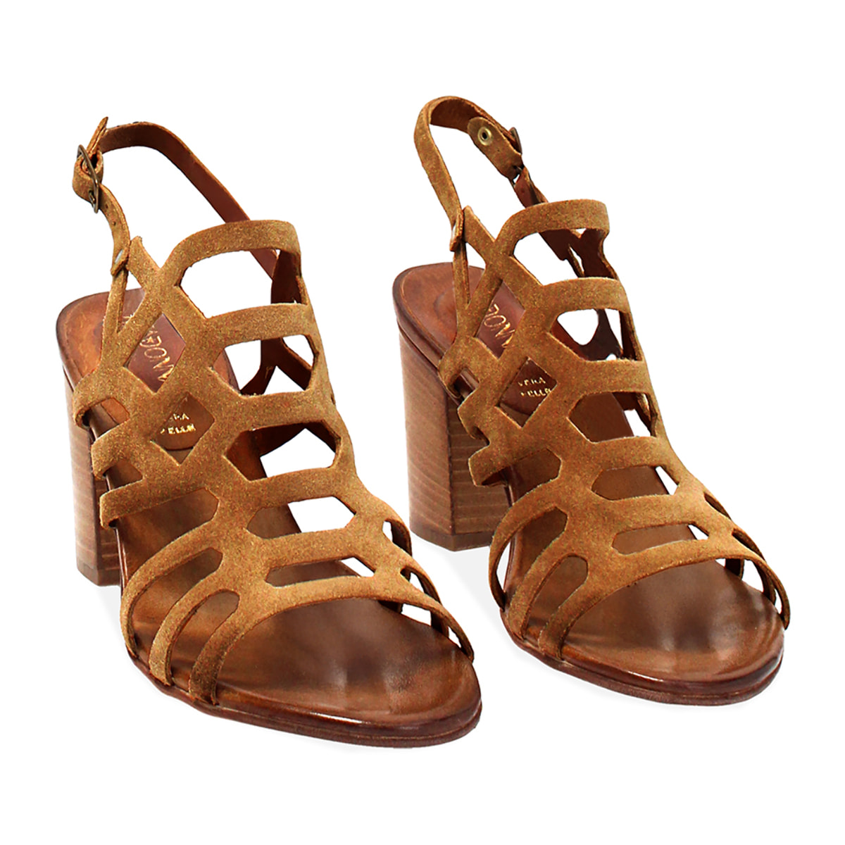 Sandalo da donna cognac in camoscio, tacco largo 7,5 cm