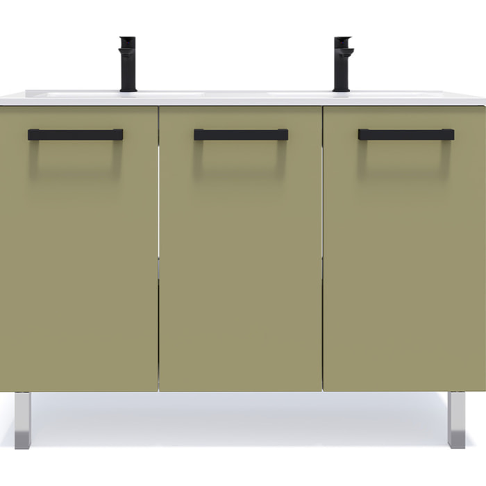 Meuble de salle de bain suspendu avec pieds double vasque intégrée 120cm 3 portes Vert olive - Chelsea