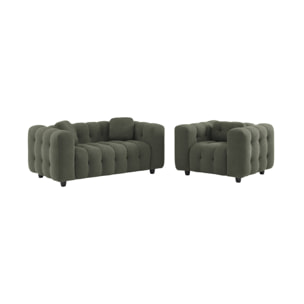 Fauteuil 1 place en bouclette texturée capitonné kaki foncé structure bois d'eucalyptus et contreplaqué