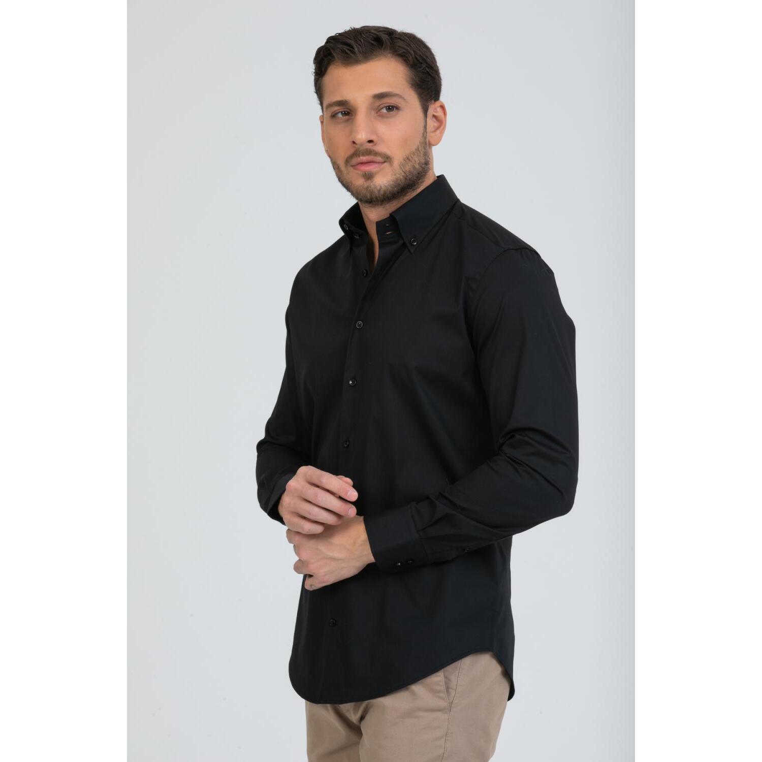Camicia Uomo 2 Bottoni Button Down Slim Popeline Stretch Unito Nero