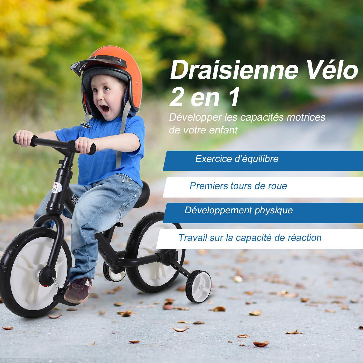 Vélo enfant draisienne 2 en 1 roulettes et pédales amovibles roues 11'' hauteur selle réglable acier noir