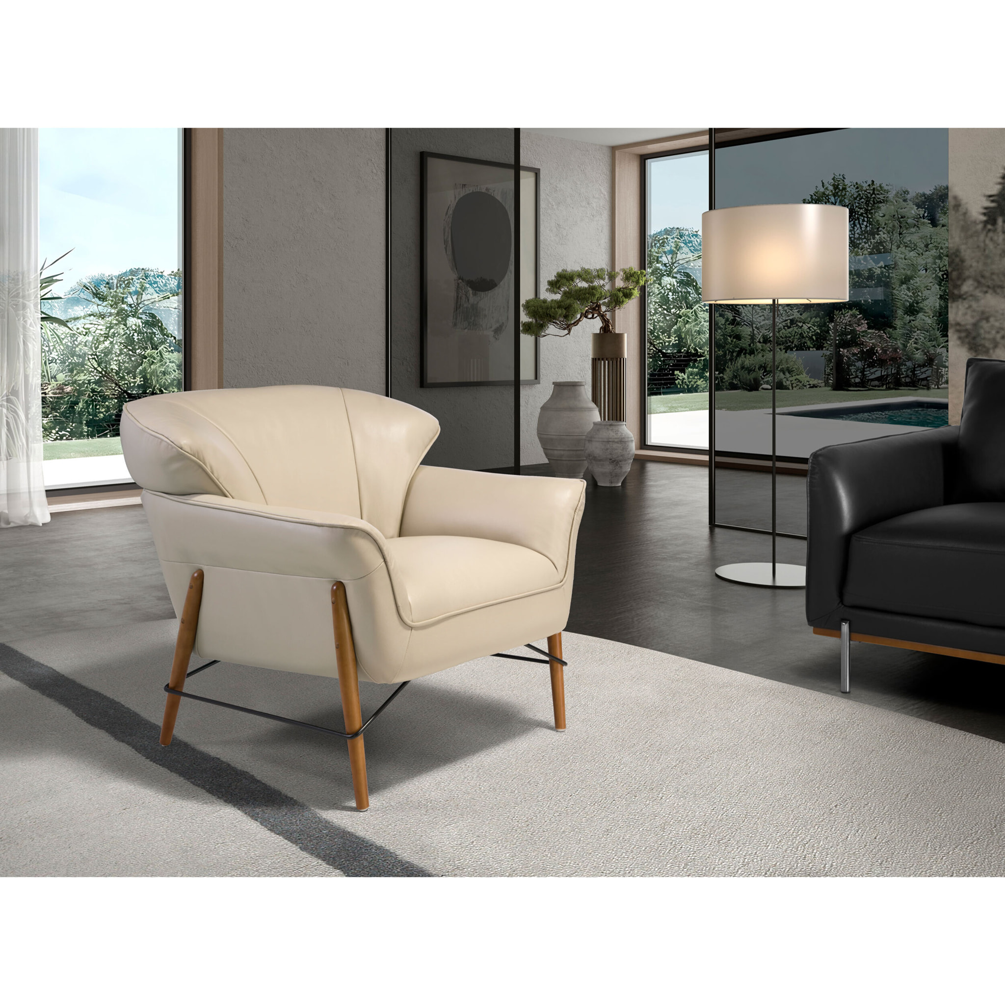 Sillón Angel Cerdá con reposabrazos con asiento y respaldo tapizados en piel de origen vacuno en arena patas de madera en miel 86x85x81cm