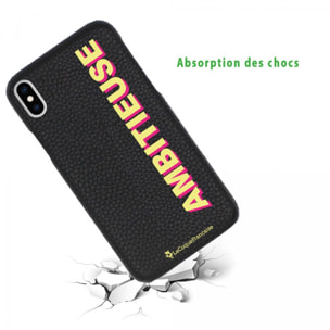 Coque iPhone X/XS effet cuir grainé noir Ambitieuse jaune et fushia Design La Coque Francaise