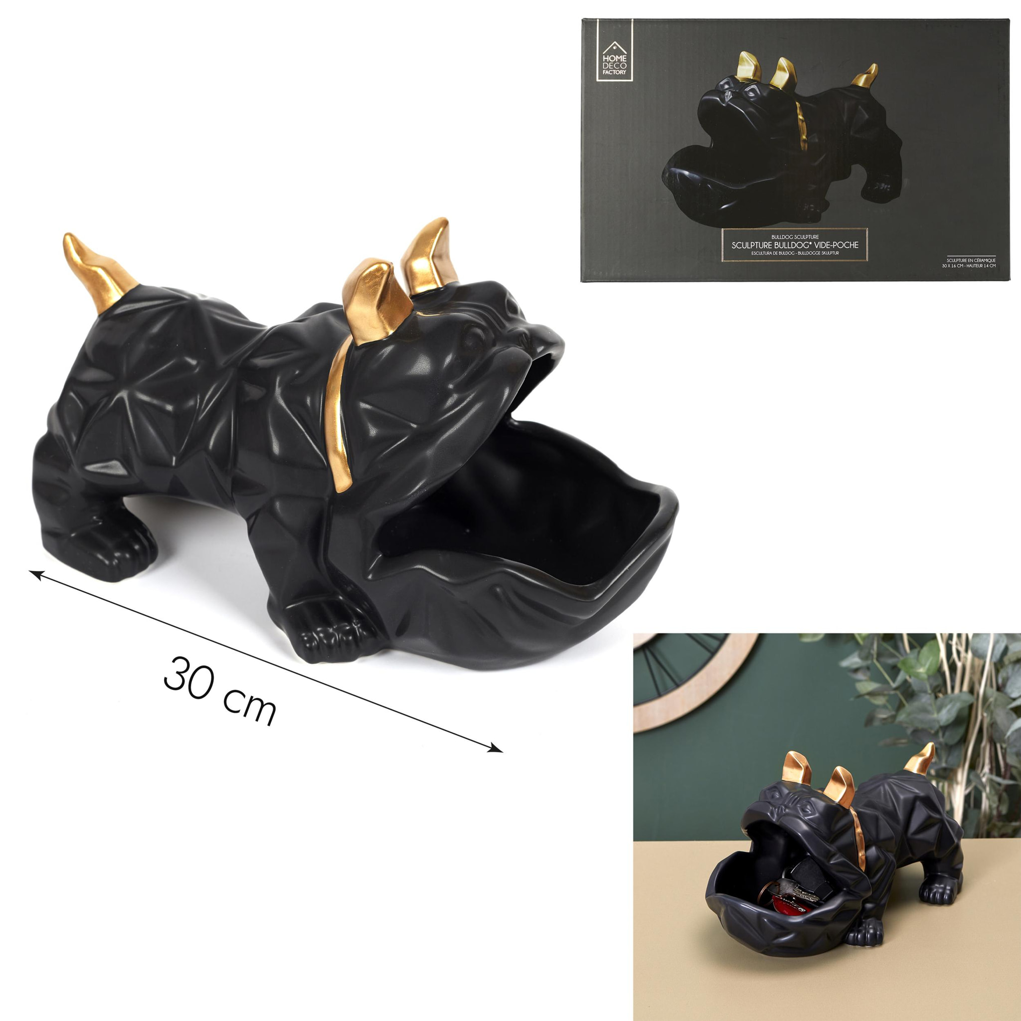 SCULPTURE CERAMIQUE BULLDOG NOIR VIDE POCHE M4