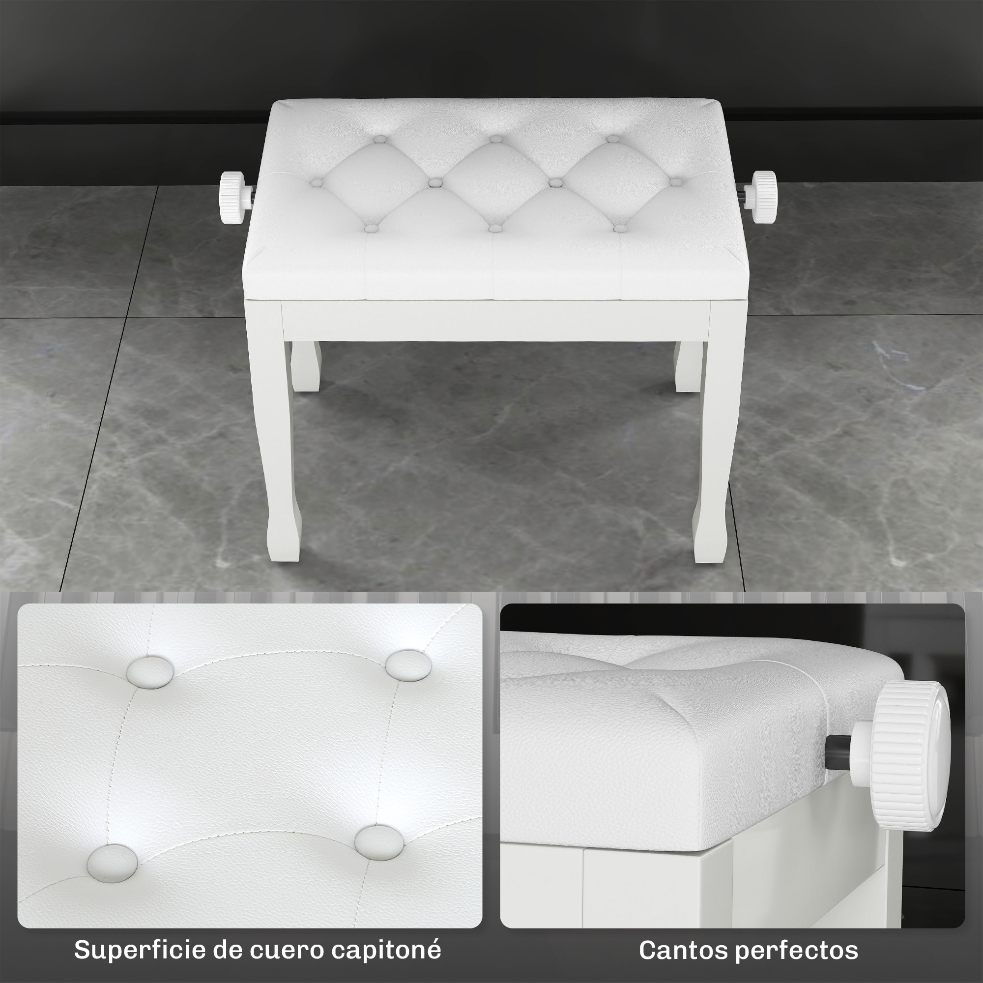 Banco de Piano, Altura Ajustable, Banqueta de Piano con Asiento de Cuero Sintético, Patas de Madera, Carga Máxima 200 kg, 64x35x55 cm, Blanco
