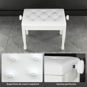Banco de Piano, Altura Ajustable, Banqueta de Piano con Asiento de Cuero Sintético, Patas de Madera, Carga Máxima 200 kg, 64x35x55 cm, Blanco