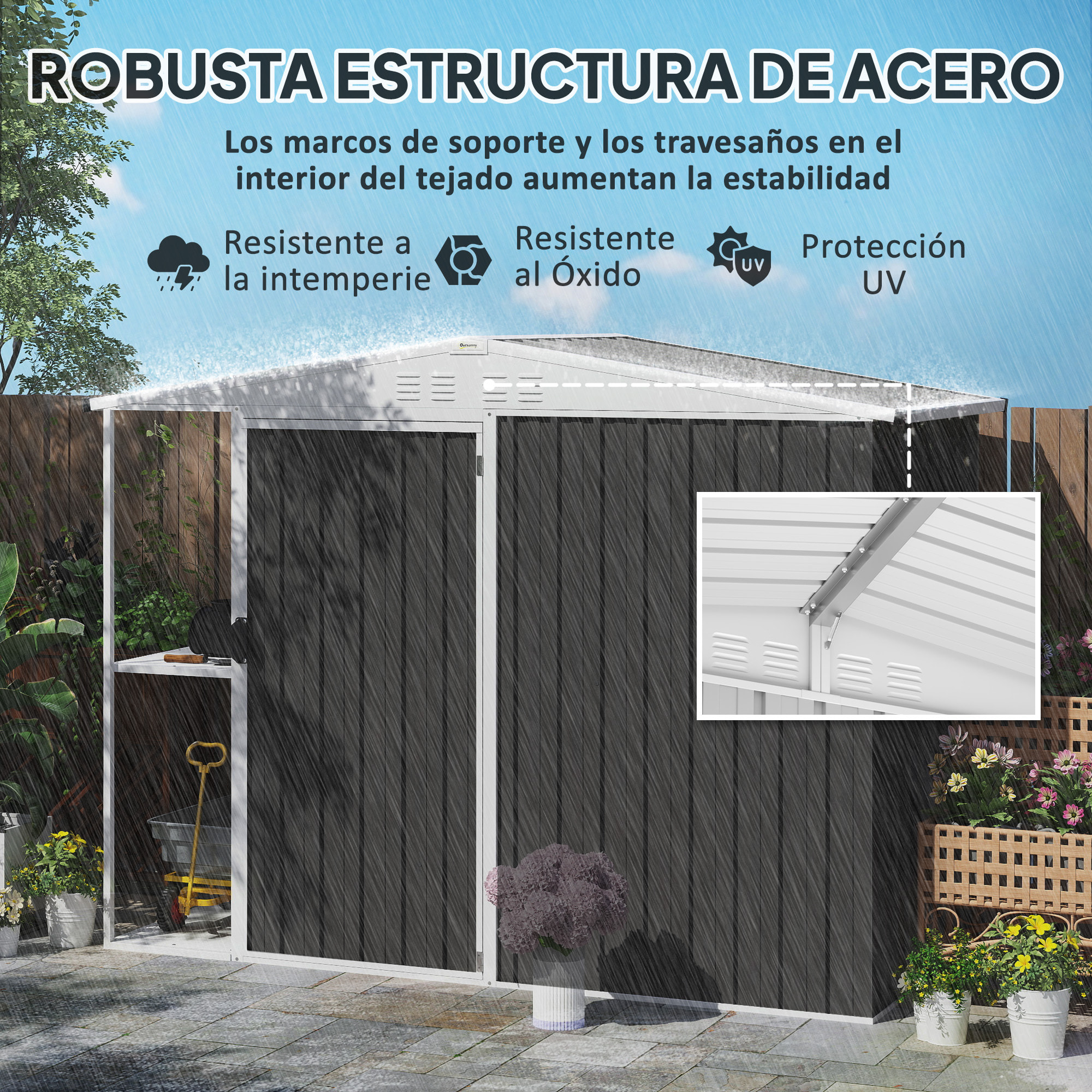 Caseta de Jardín Exterior 2,7m² 245x117x180 cm Cobertizo de Jardín Exterior con Estante de 2 Niveles 4 Ventilaciones y Puerta con Cerradura Cobertizo para Terraza Patio Gris Carbón