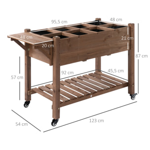 Jardinière sur pied - potager sur roulettes - étagère, tablette rabattable, inserts d'irrigation, feutre drainage - bois pré-huilé foncé