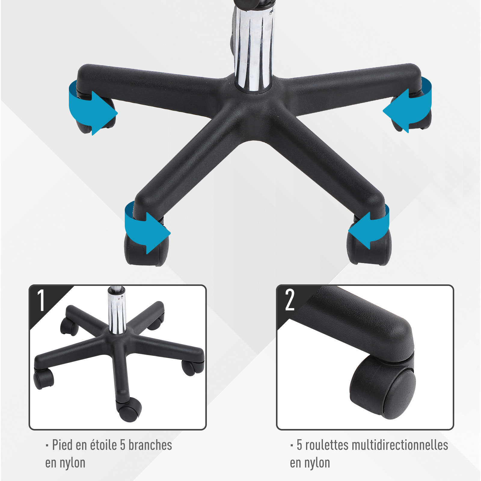 Tabouret massage à roulettes réglable en hauteur pivotant avec dossier ergonomique noir