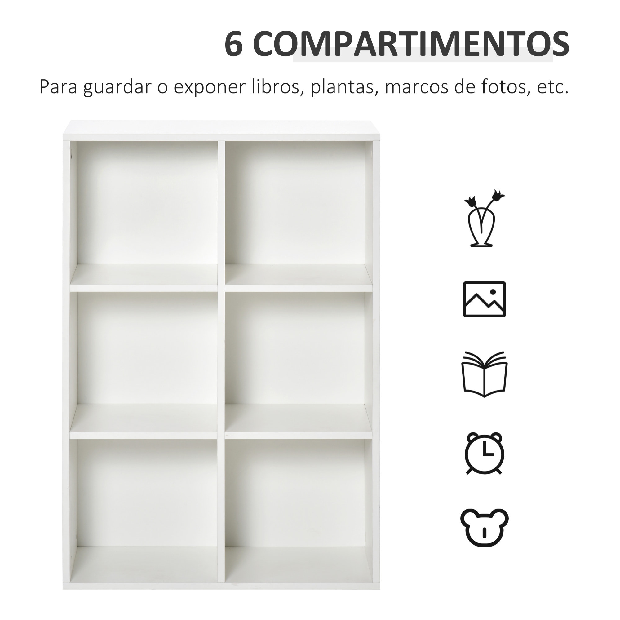 Estantería para Libros Estantes de Madera de 3 Niveles con 6 Cubos de Almacenaje para Sala de Estar Dormitorio Oficina 65,5x30x97,5 cm Blanco