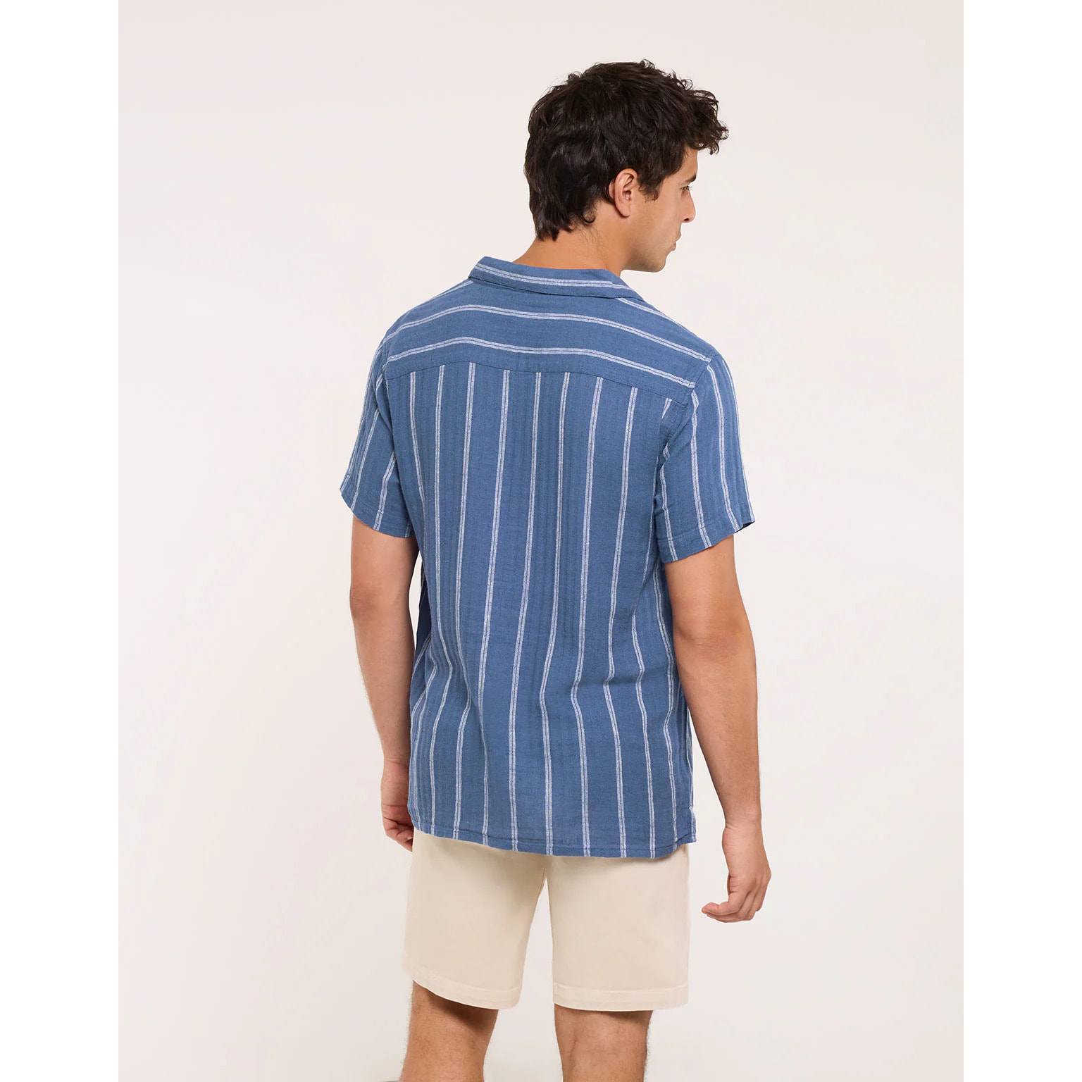 Camisa Manga Corta con Lino Azul Oscuro Rayas - Selvaire