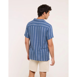 Camisa Manga Corta con Lino Azul Oscuro Rayas - Selvaire