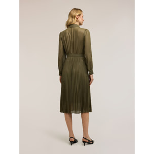 Motivi - Vestido camisero en georgette plisado - Verde militare