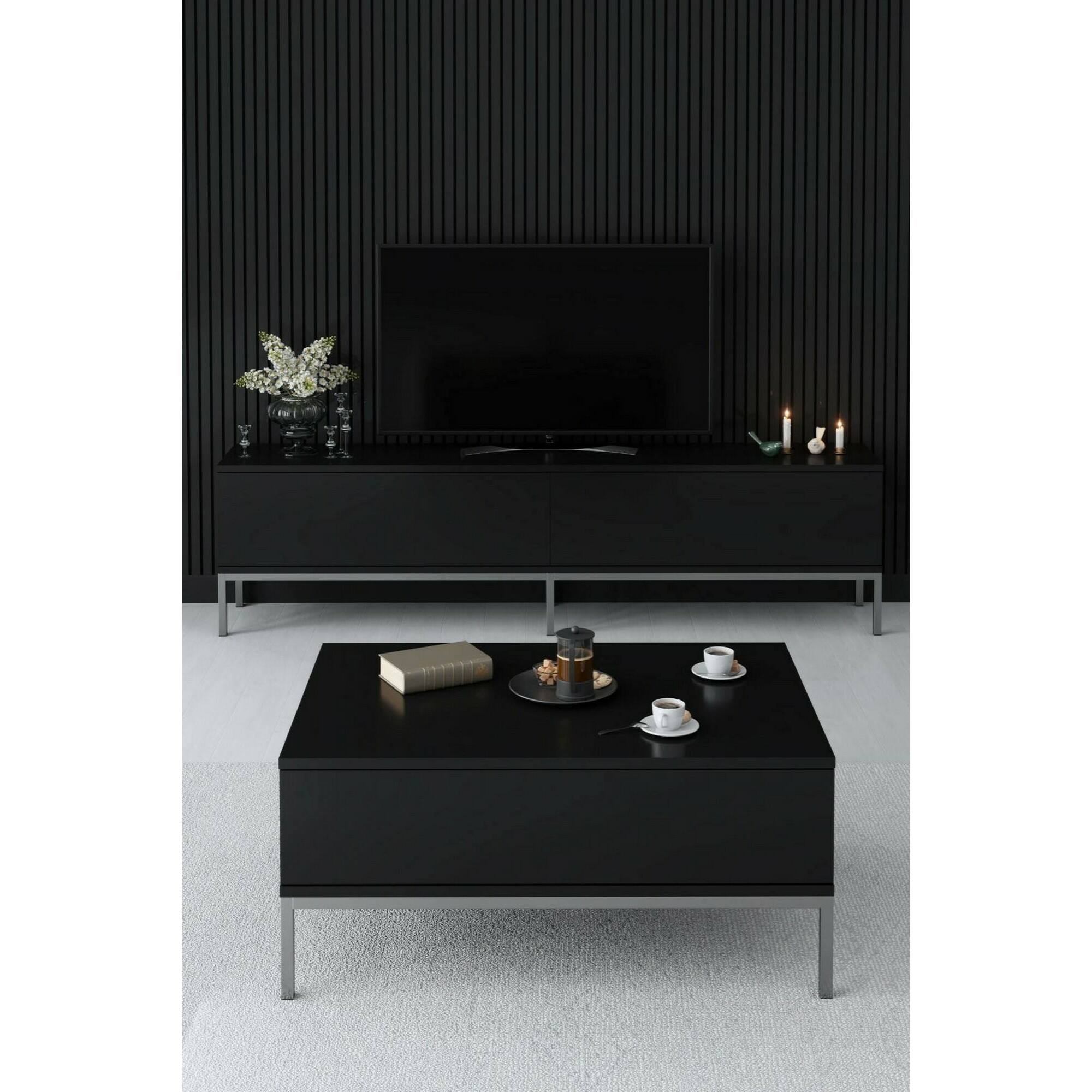 Tavolino da salotto Vespero, Tavolo basso da caffè, Portariviste per divano, Ripiano da soggiorno, 90x60h40 cm, Nero e Argento