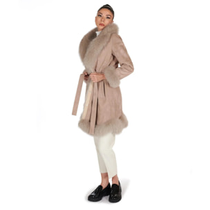 Cappotto in montone scamosciato beige con collo in volpe