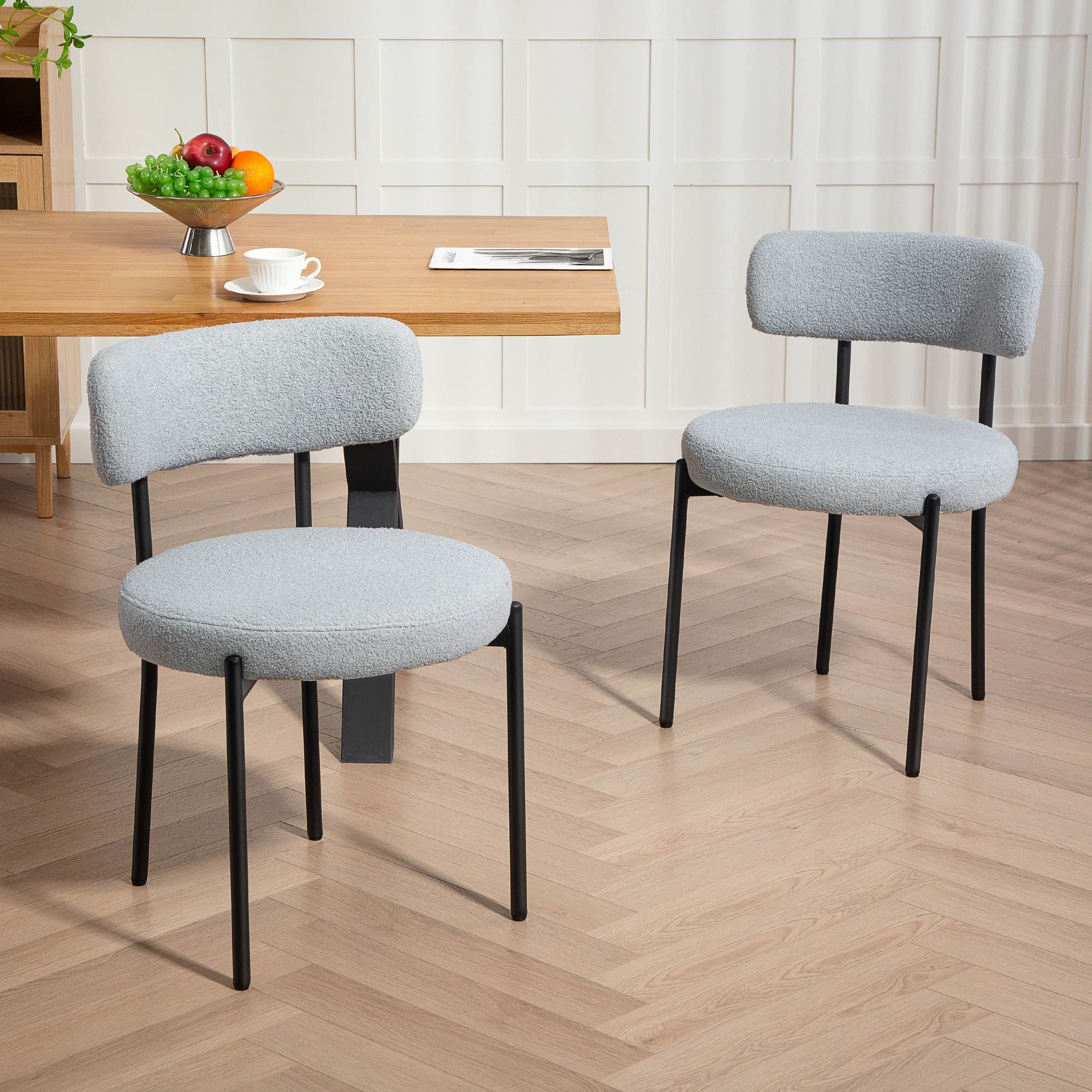 Lot de 2 chaises de salon style néo-rétro - assise ronde, dossier enveloppant - acier noir effet laine bouclée gris