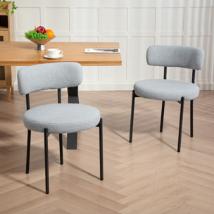 Lot de 2 chaises de salon style néo-rétro - assise ronde, dossier enveloppant - acier noir effet laine bouclée gris