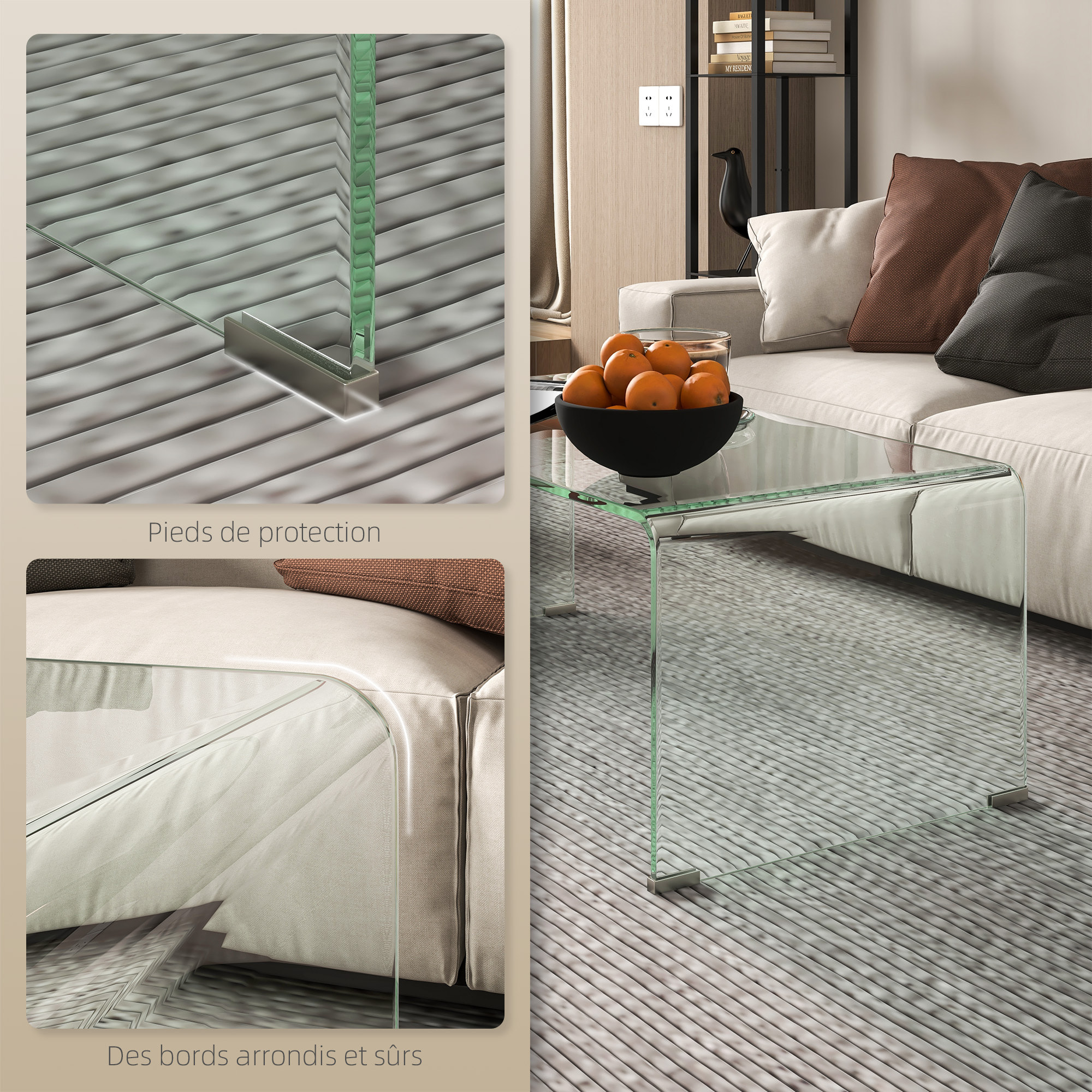 Table basse design contemporain dim. 80L x 45l x 35H cm verre trempé 10 mm transparent