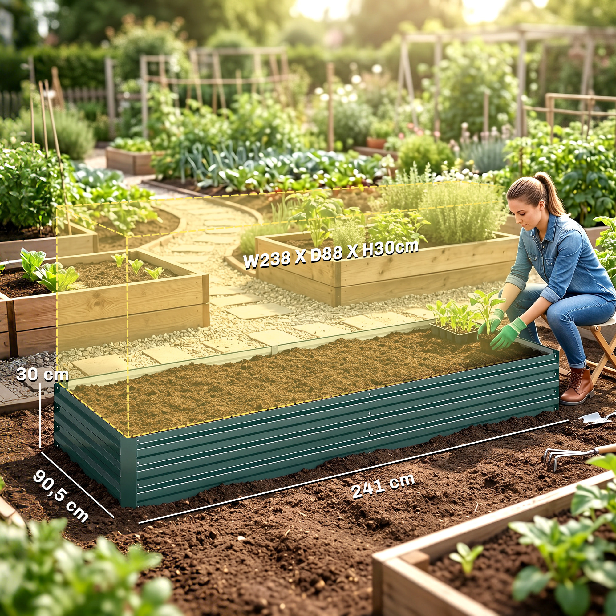Carré potager de jardin dim. 241L x 90l x 30H cm tôle d'acier ondulée vert foncé