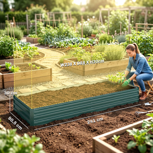 Carré potager de jardin dim. 241L x 90l x 30H cm tôle d'acier ondulée vert foncé