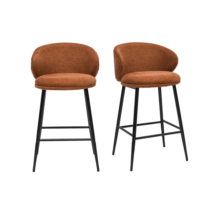 Tabourets de bar design en tissu effet velours texturé terre brûlée et métal noir (lot de 2) ROSALIE