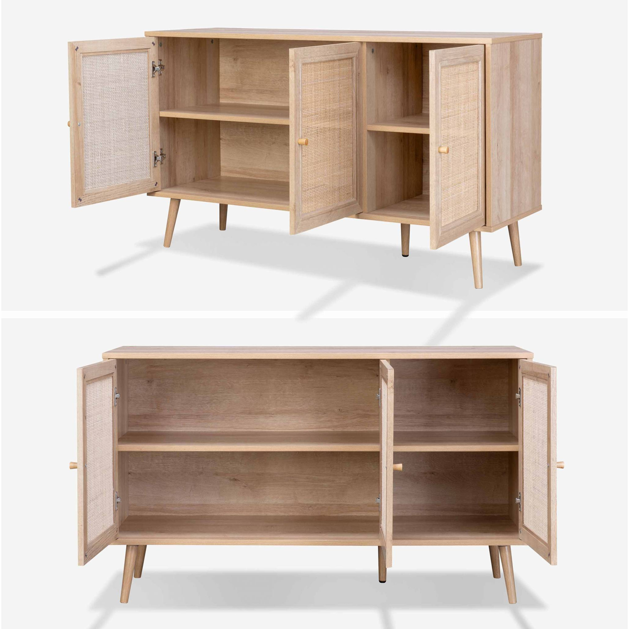 Buffet de rangement en cannage 120x39x70cm  - Bohème - 2 niveaux. 3 portes. pieds scandinaves. buffet bas