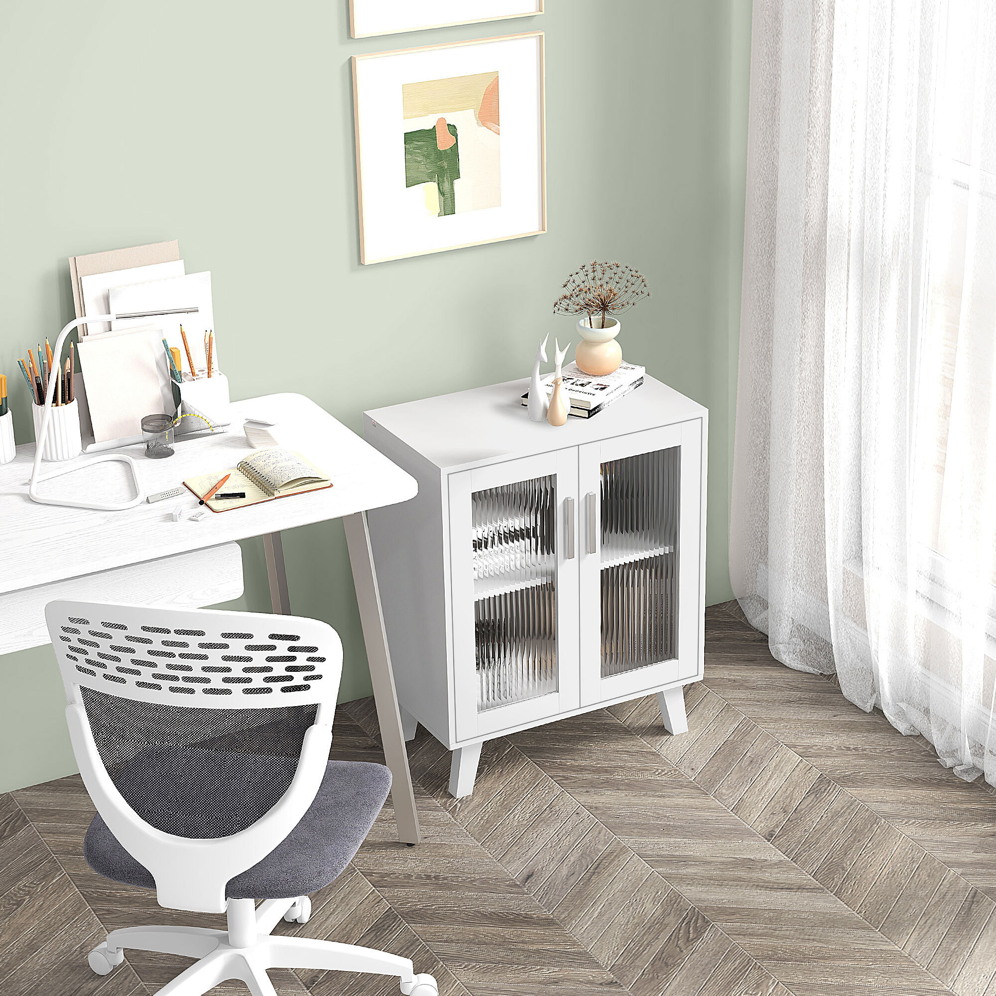 Aparador de 2 Puertas, Aparador de Salón con 2 Estantes, Puertas Transparentes, para Cocina, Entrada, Dormitorio, Blanco, 61x35x75 cm