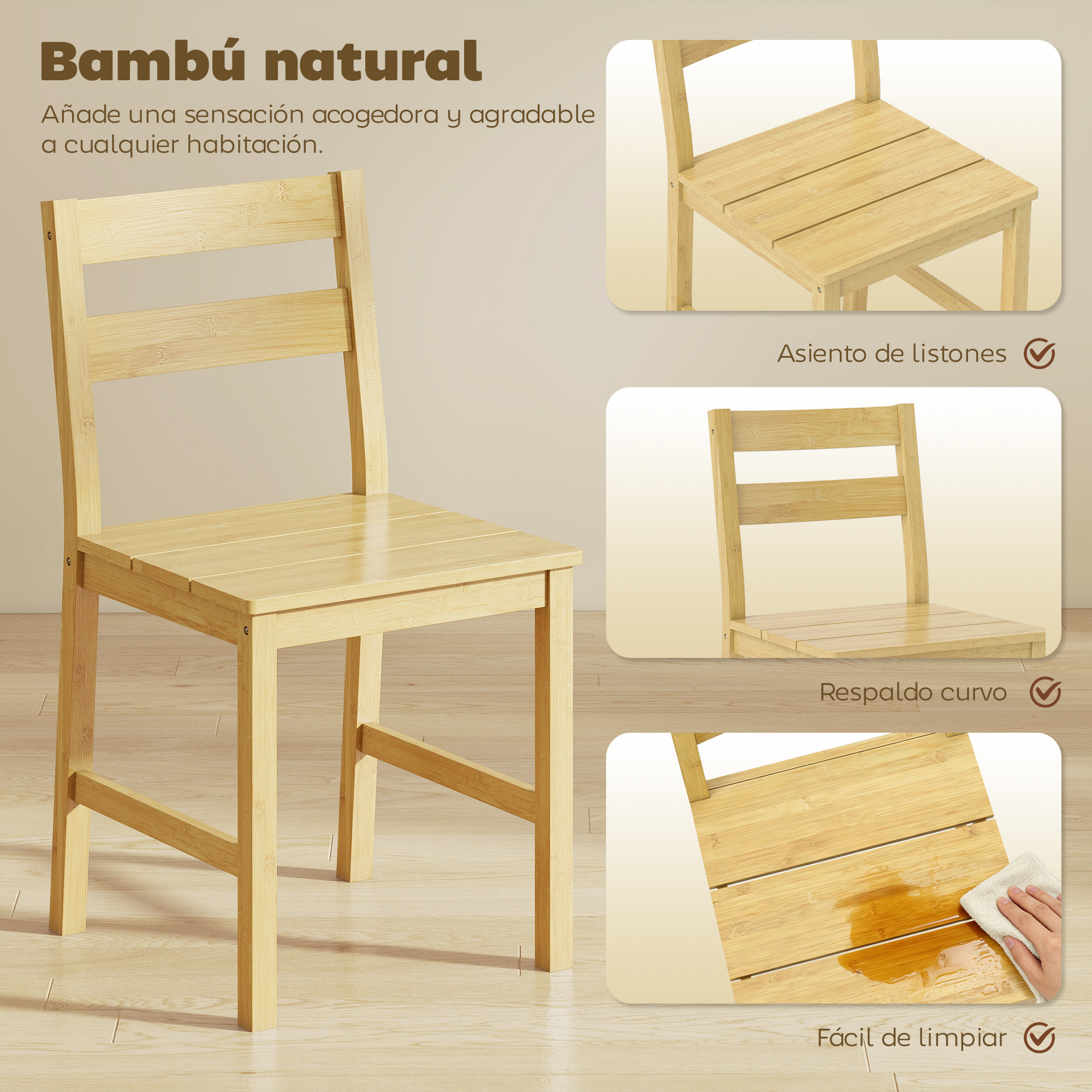 Juego de 2 Sillas de Comedor de Bambú, Sillas de Cocina con Asiento con Listones, Respaldo Curvado, Sin Brazos, para Sala de Estar, Natural