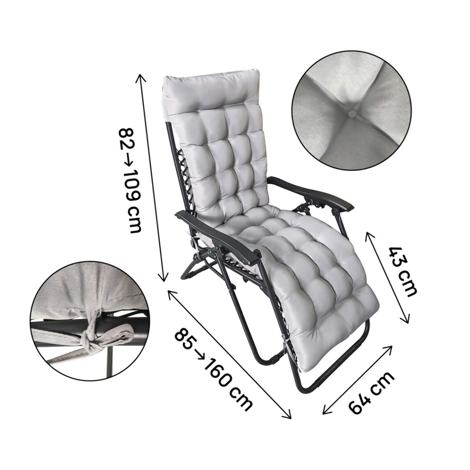 Lot de 2 fauteuils de jardin inclinable zéro gravité avec coussin matelassé "Sintra" - Gris