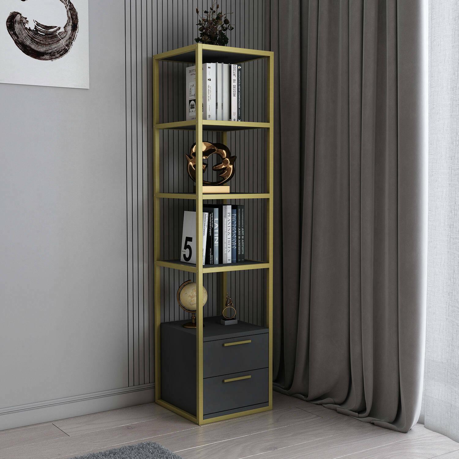 Libreria Dfogliat, Scaffale da ufficio, Mobile portalibri, Biblioteca, 39x39h169 cm, Oro e Antracite