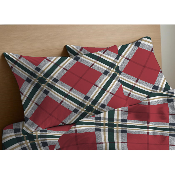 Completo Lenzuola In 100% Cotone Fantasia Scozzese Disegno Tartan