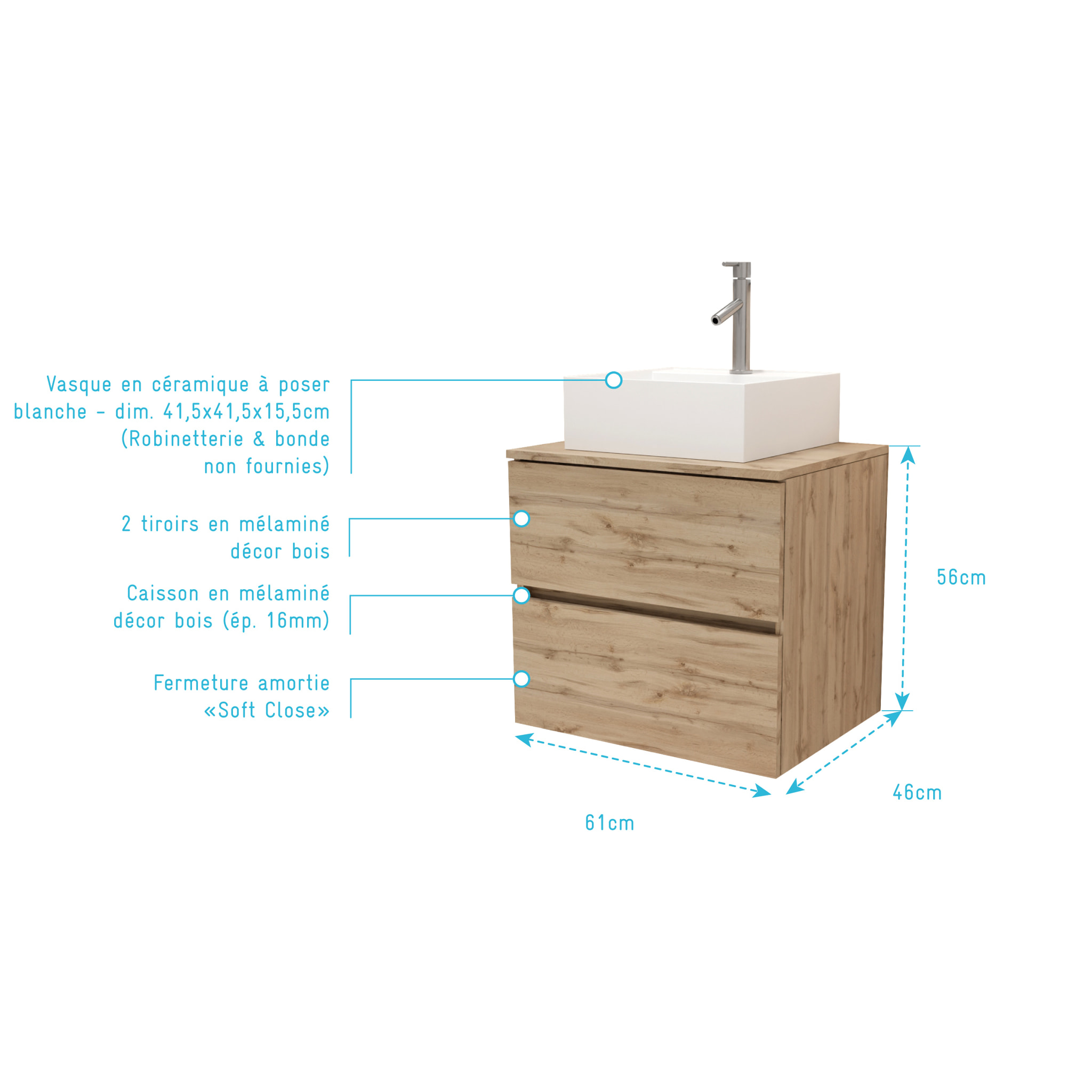 Meuble Salle de Bains 60cm 2 Tiroirs Chêne Naturel + Vasque Carrée 41x41x15cm en Céramique Blanche