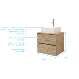 Meuble Salle de Bains 60cm 2 Tiroirs Chêne Naturel + Vasque Carrée 41x41x15cm en Céramique Blanche
