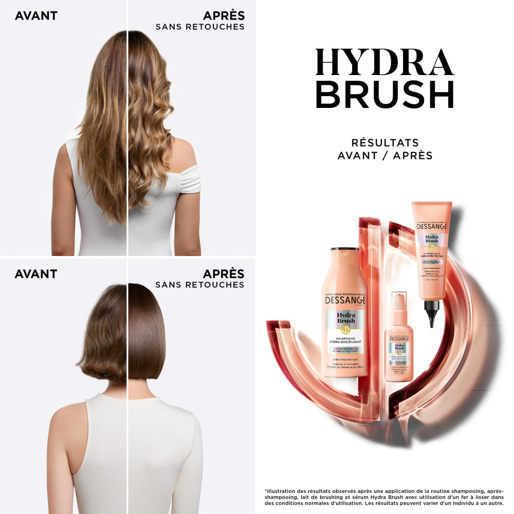 Dessange Hydra Brush Rituel Shampooing Hydra-disciplinant+ Lait de Brushing Thermo-Protecteur + Sérum de finition Cheveux Exposé