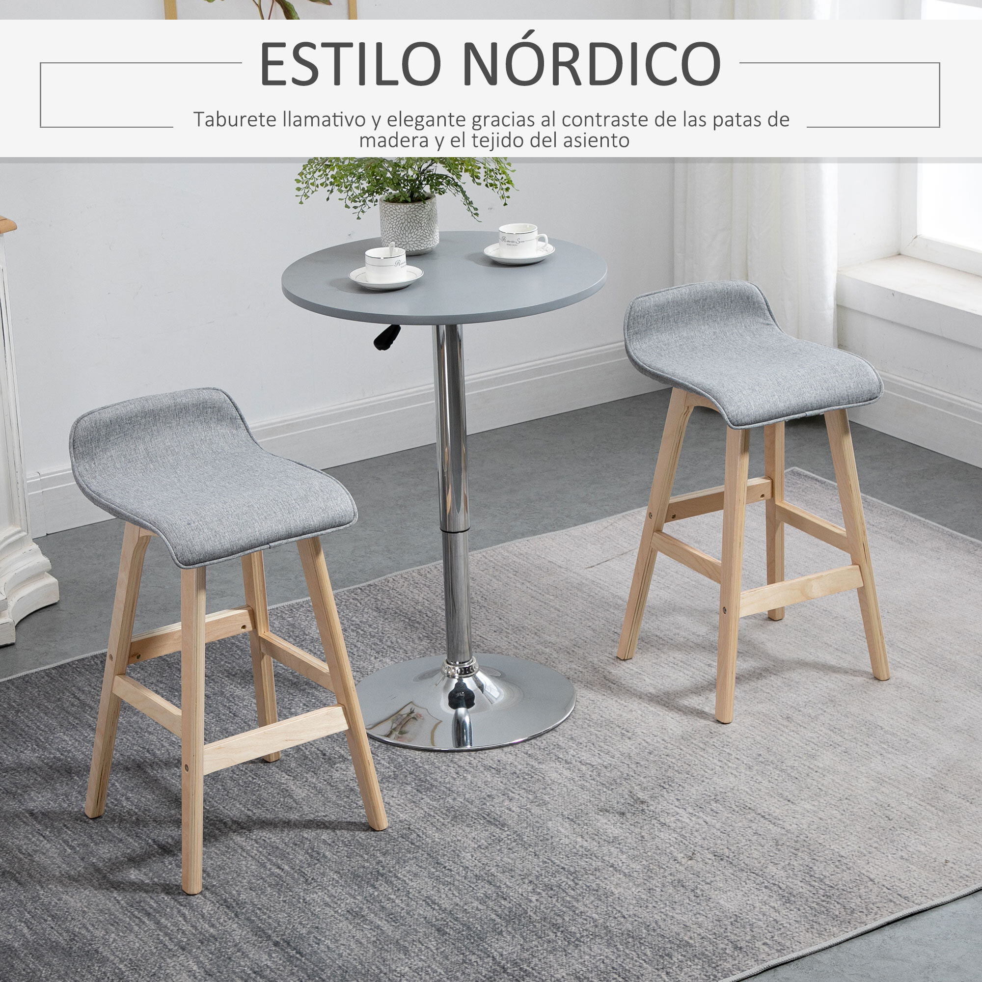 HOMCOM Juego de 2 Taburetes de Bar con Asiento 64 cm de Altura Tapizado en Lino Sintético Taburetes Altos de Cocina con Patas de Madera 40x41,5x75,5 cm Gris y Natural