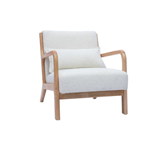 Fauteuil scandinave en tissu effet laine bouclée blanc et bois clair massif DERRY