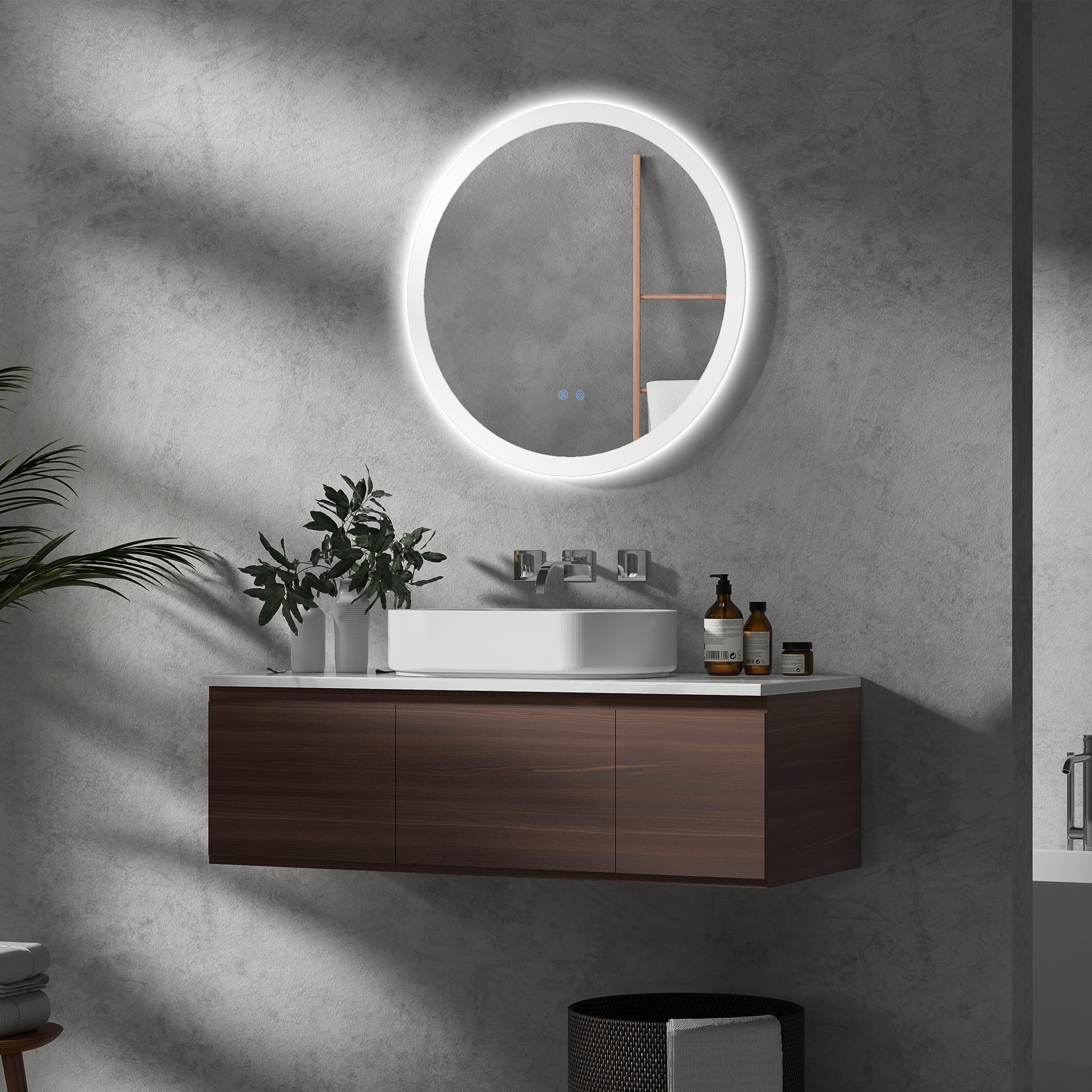 Miroir rond lumineux LED de salle de bain Ø 70 cm mural avec éclairage 3 couleurs interrupteur tactile système antibuée 35W blanc argent