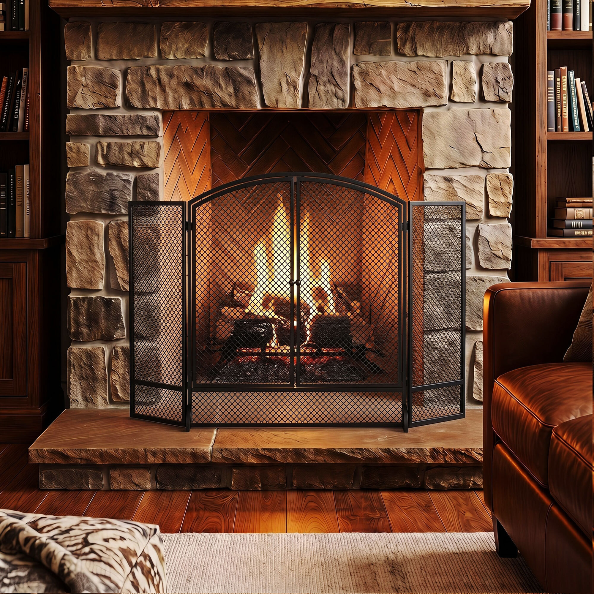 Salvachispas para Chimenea Plegable de 3 Paneles con Doble Puerta, Protector de Chimenea de Metal, Resistente al Calor, para Salón, Hogar, 122x75 cm, Negro