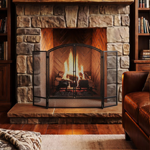 Salvachispas para Chimenea Plegable de 3 Paneles con Doble Puerta, Protector de Chimenea de Metal, Resistente al Calor, para Salón, Hogar, 122x75 cm, Negro