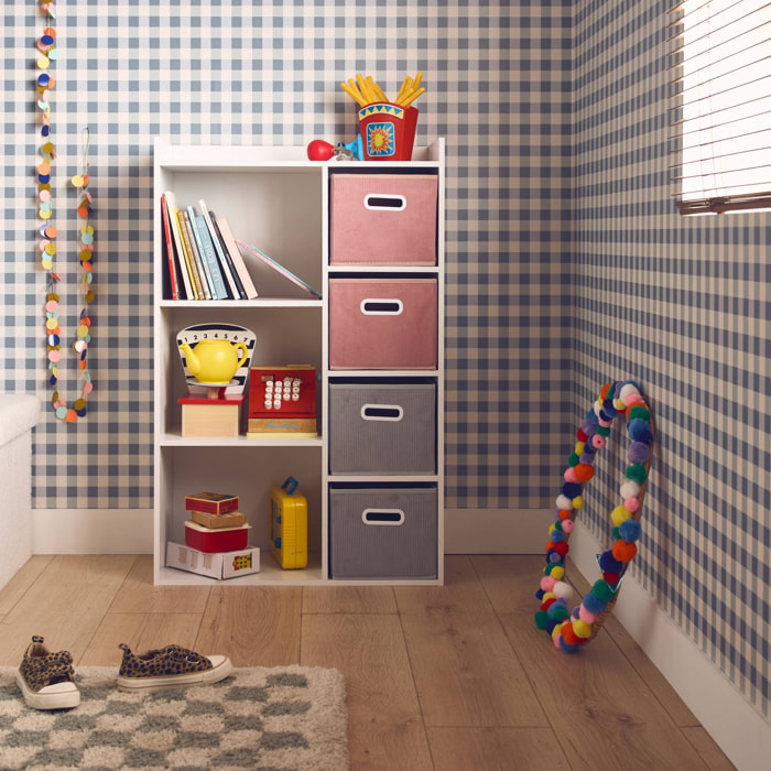 Meuble de rangement pour enfant avec 7 compartiments et 2 paniers roses et 2 paniers gris en velours