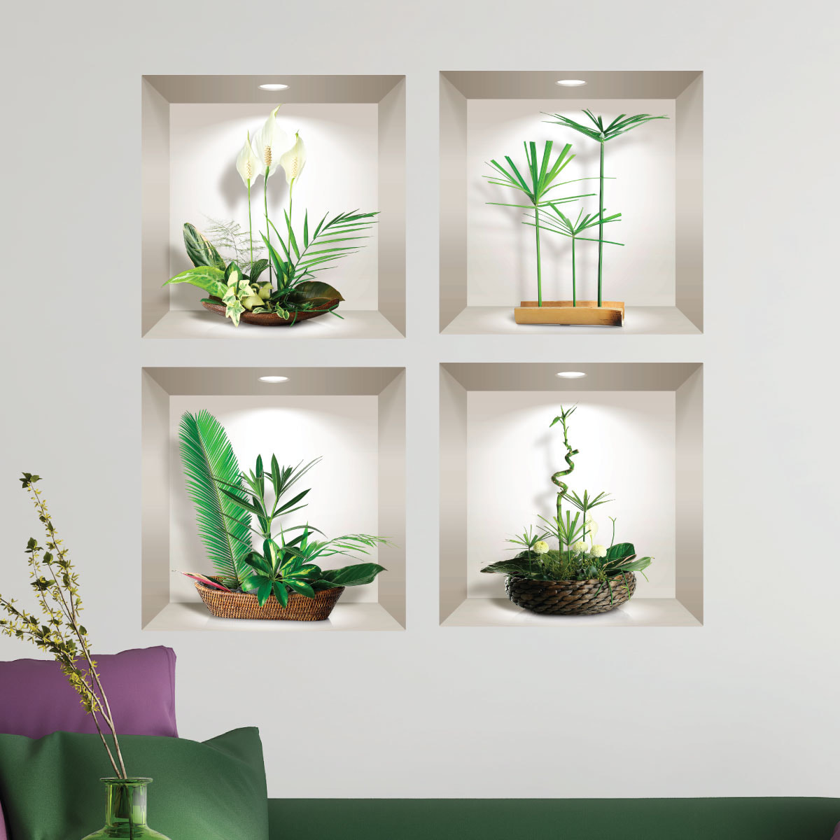 Stickers muraux 3D | Sticker Mural Autocollant effet 3D composition de plantes zen - Stickers adhésifs 3D Chambre Salon Trompe l'oeil