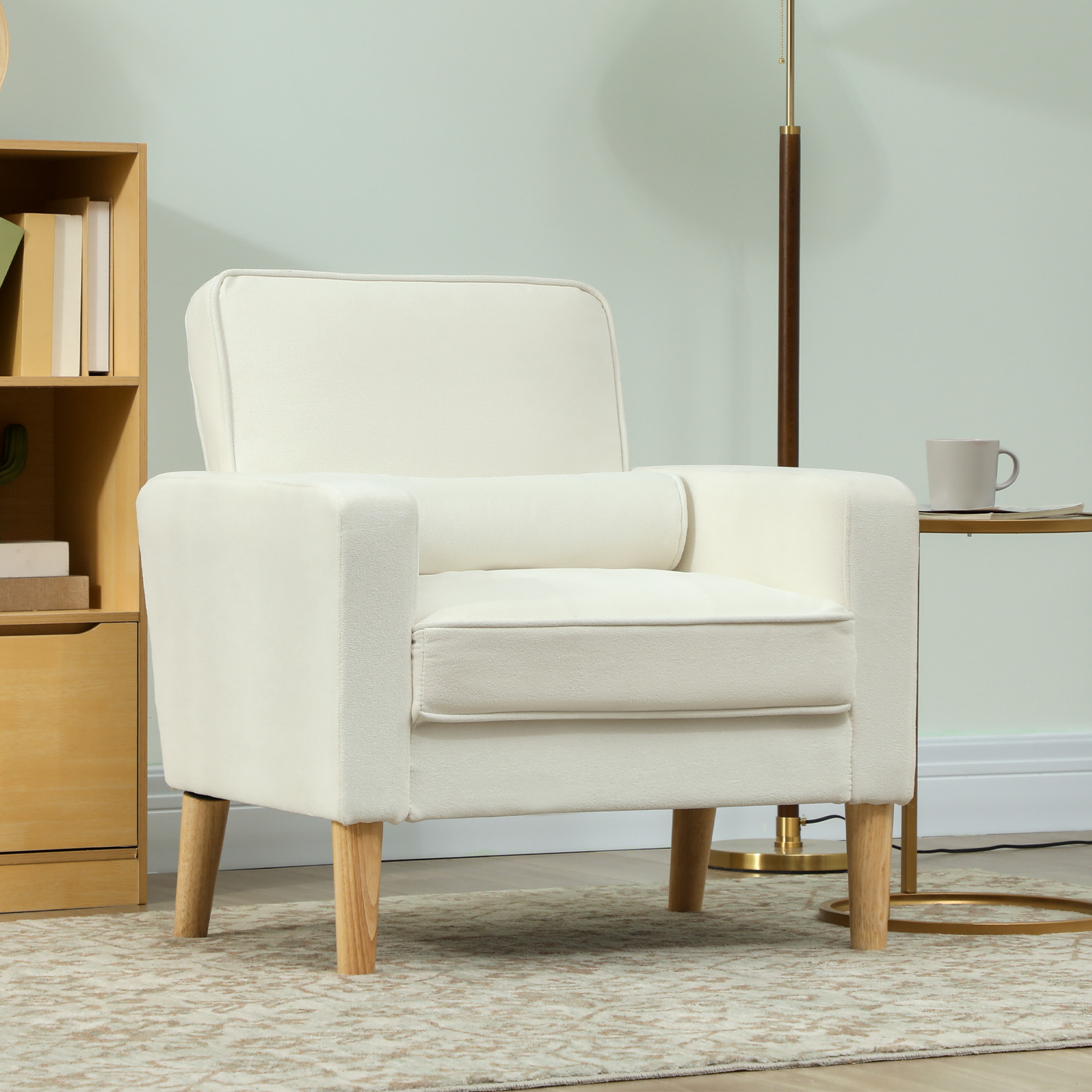 Sillón de Salón Tapizado en Terciopelo Butaca de Salón de 76 cm con Asiento Capitoné 1 Almohada y Patas de Madera para Espacios Pequeños Dormitorio Sala de Estar Oficina Crema