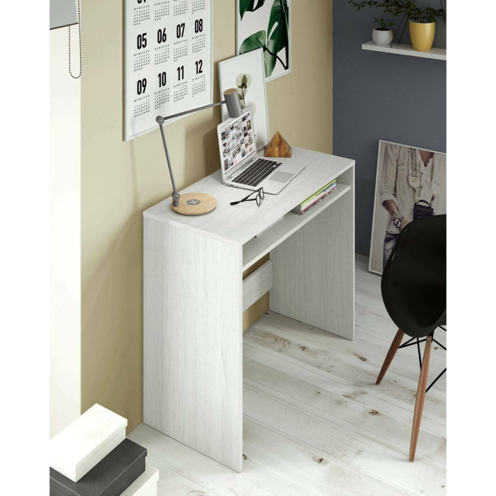 Scrivania Portland, Scrittoio lineare con ripiano fisso, Tavolo da studio o ufficio porta PC, cm 79x43h87, Bianco effetto legno