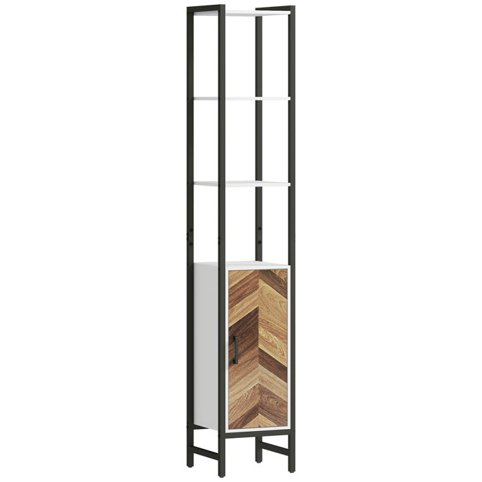 Columna de Baño Armario Alto de Baño con 3 Estantes Abiertos 1 Puerta y Estante Ajustable Mueble Auxiliar de Baño con Sistema Anti-vuelco 30x30x170 cm Blanco y Nogal