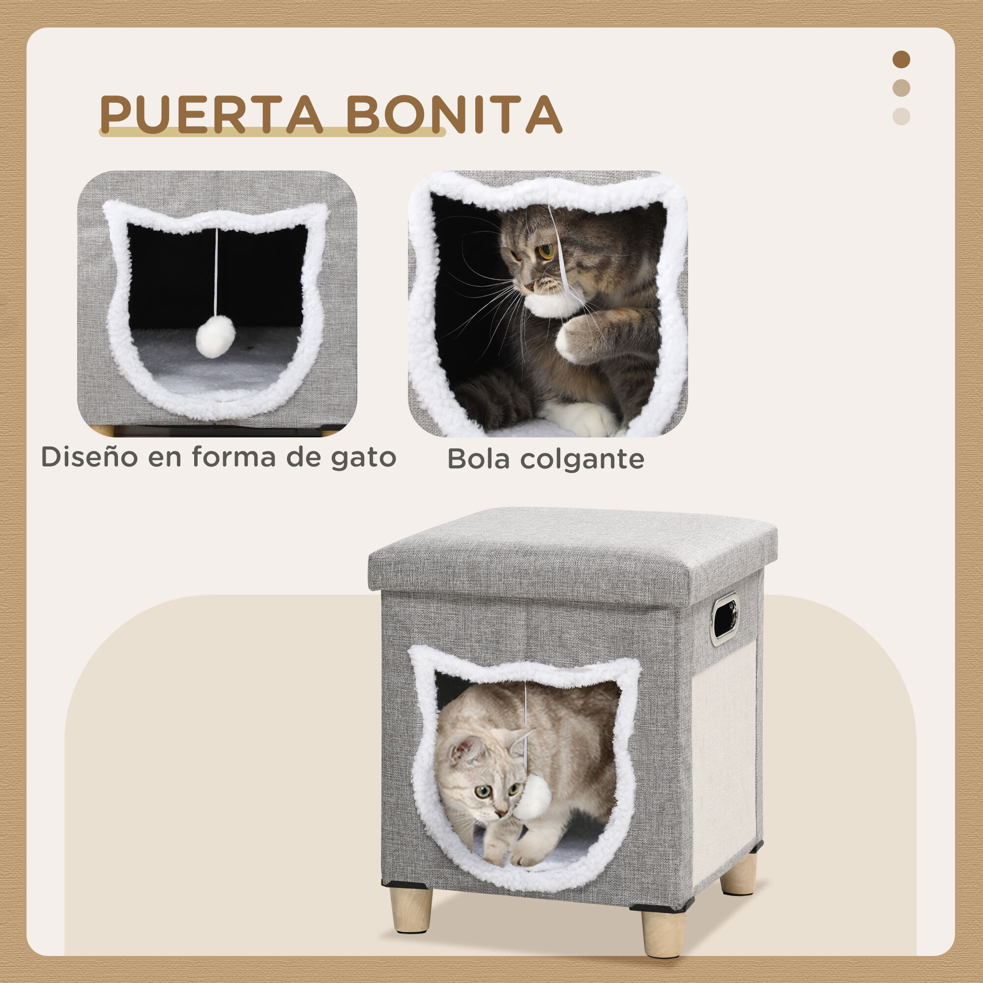 Cama Cueva de Gatos 2 en 1 Casa para Gatos Interior Tipo Reposapiés con Cojín Extraíble Bola Colgante y Almohadilla para Rascar 35,5x35,5x42,5 cm Gris