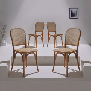 Lot de 4 chaises vintage en bois avec assise et dossier en rotin. coloris marron vieilli. L 44.5 x P 48 x H 89.5cm