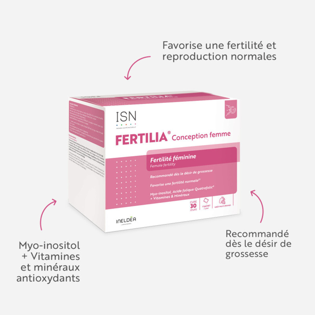 ISN - Fertilia® Conception Femme - Complément alimentaire à base de Myo-inositol, Acide Folique, Iode et antioxydants - Favorise une fertilité normale chez la femme - Cure 30 jours